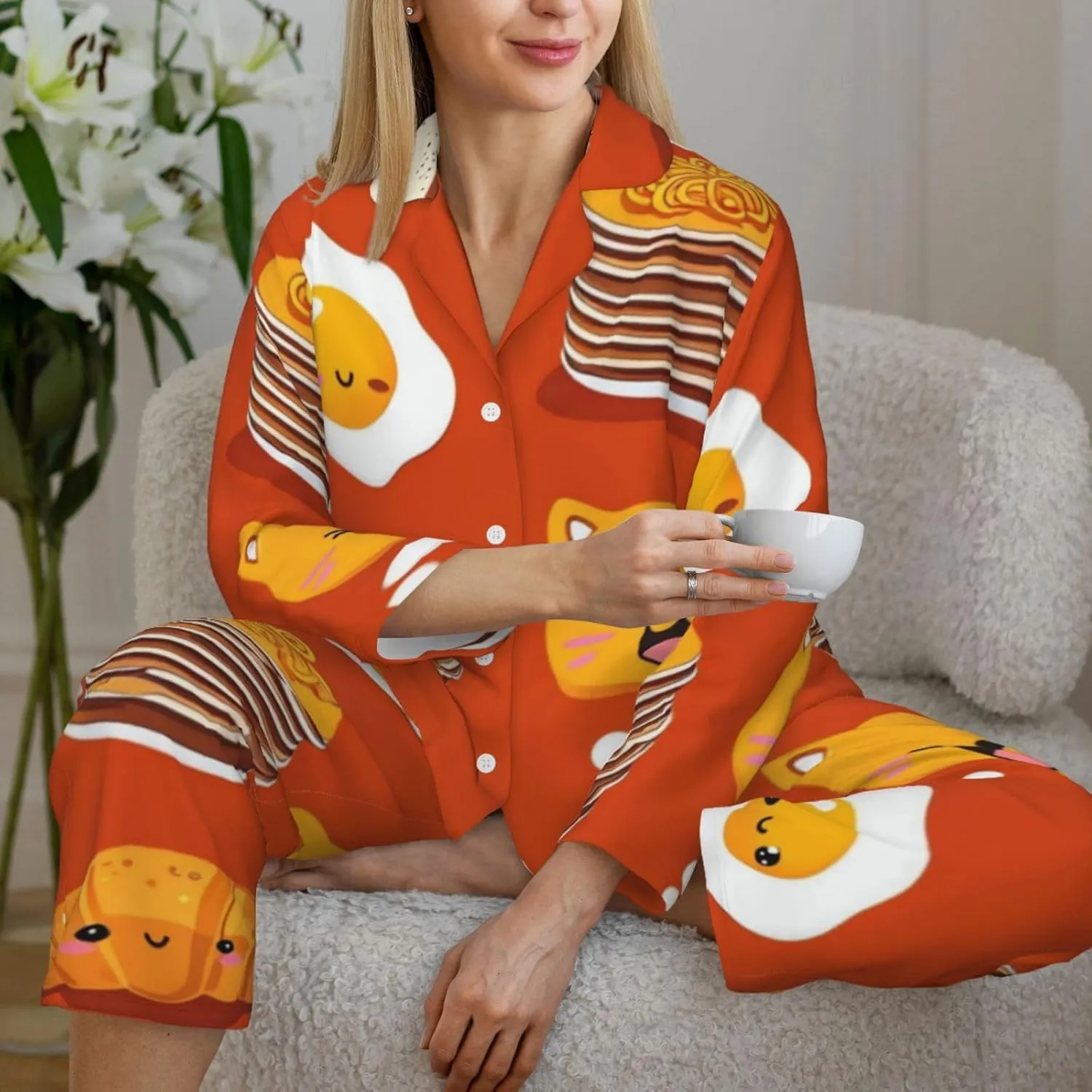 Soft Women's Pajama Set Long Sleeve - Cute Cartoon Breakfast Print Cozy Sleepwear Loungewear Pjs, for Relaxing at Home