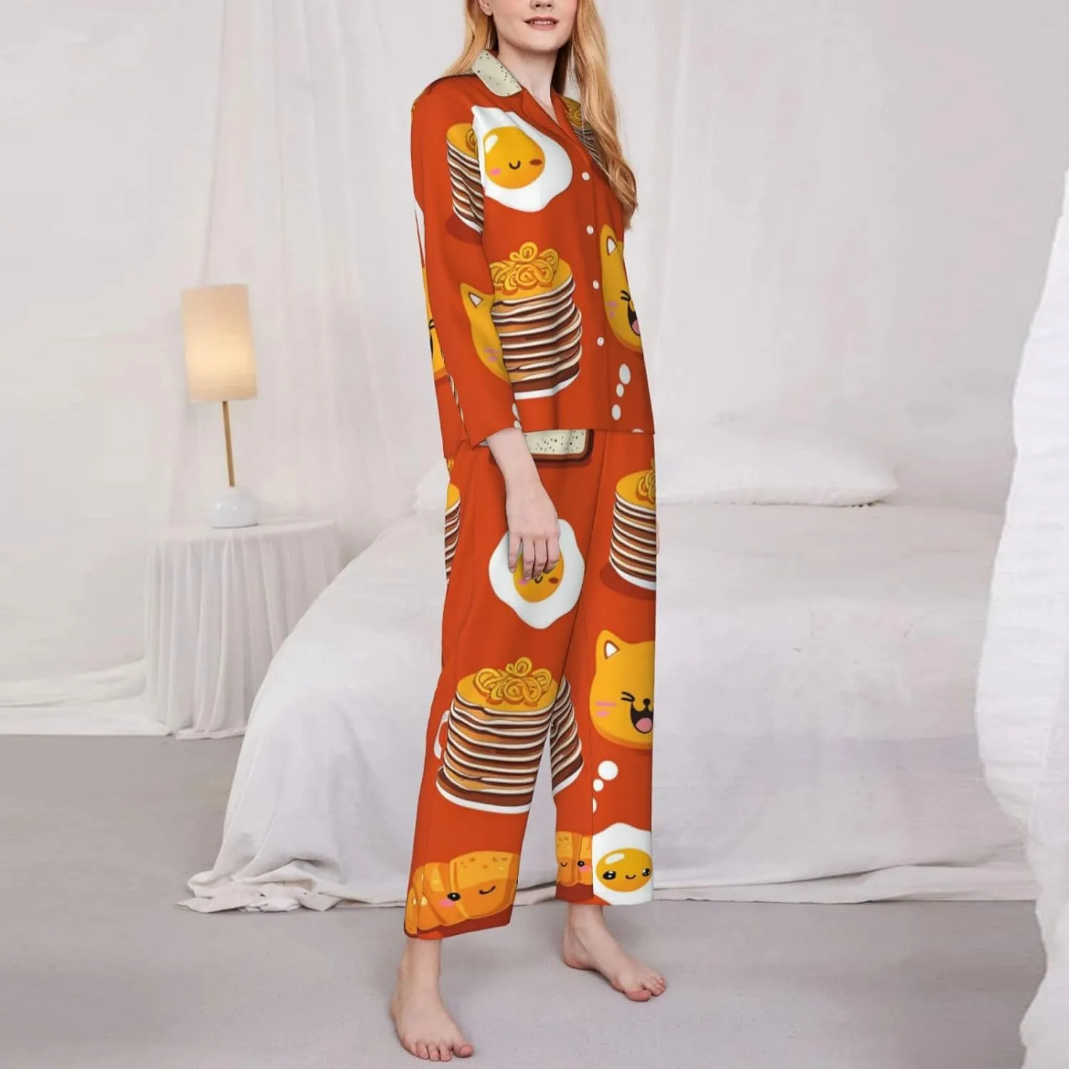 Soft Women's Pajama Set Long Sleeve - Cute Cartoon Breakfast Print Cozy Sleepwear Loungewear Pjs, for Relaxing at Home