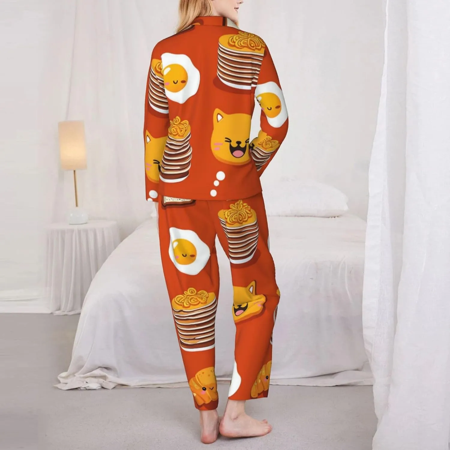 Soft Women's Pajama Set Long Sleeve - Cute Cartoon Breakfast Print Cozy Sleepwear Loungewear Pjs, for Relaxing at Home
