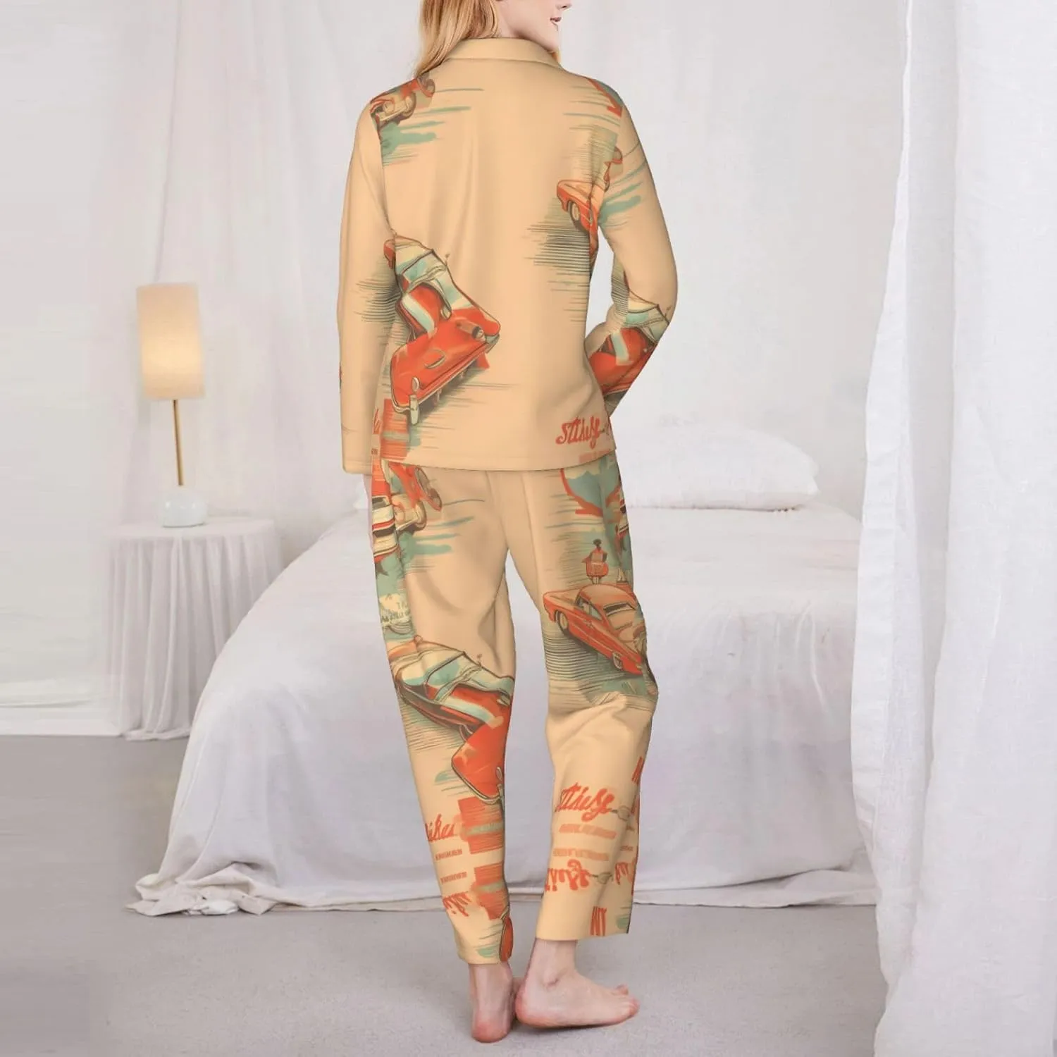 Soft Women's Pajama Set Long Sleeve - Poster car Print Cozy Sleepwear Loungewear Pjs, for Relaxing at Home