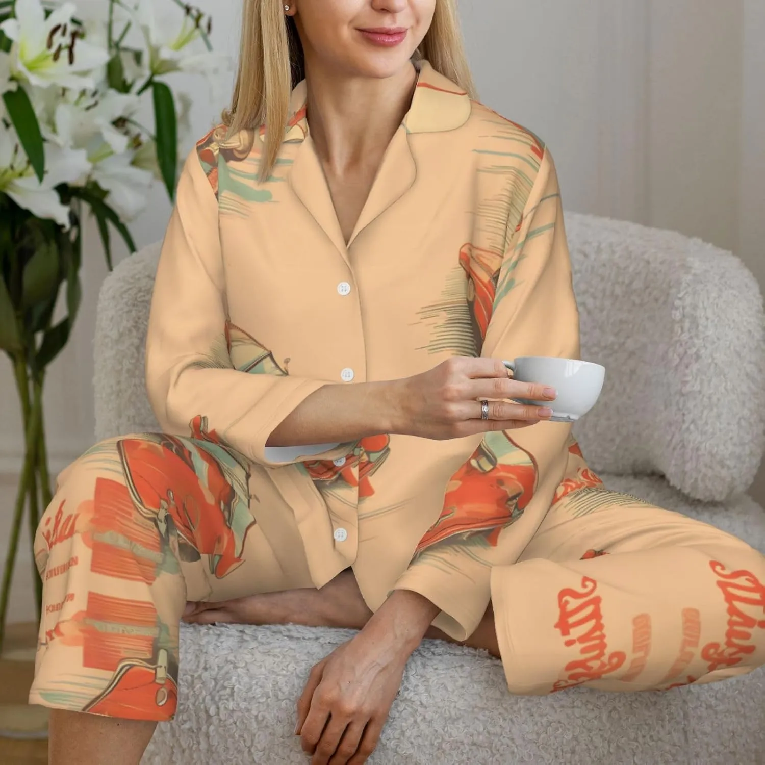 Soft Women's Pajama Set Long Sleeve - Poster car Print Cozy Sleepwear Loungewear Pjs, for Relaxing at Home