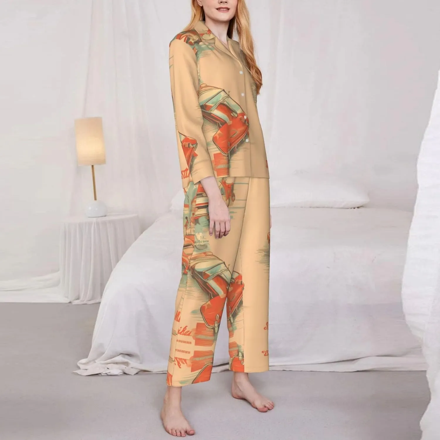 Soft Women's Pajama Set Long Sleeve - Poster car Print Cozy Sleepwear Loungewear Pjs, for Relaxing at Home
