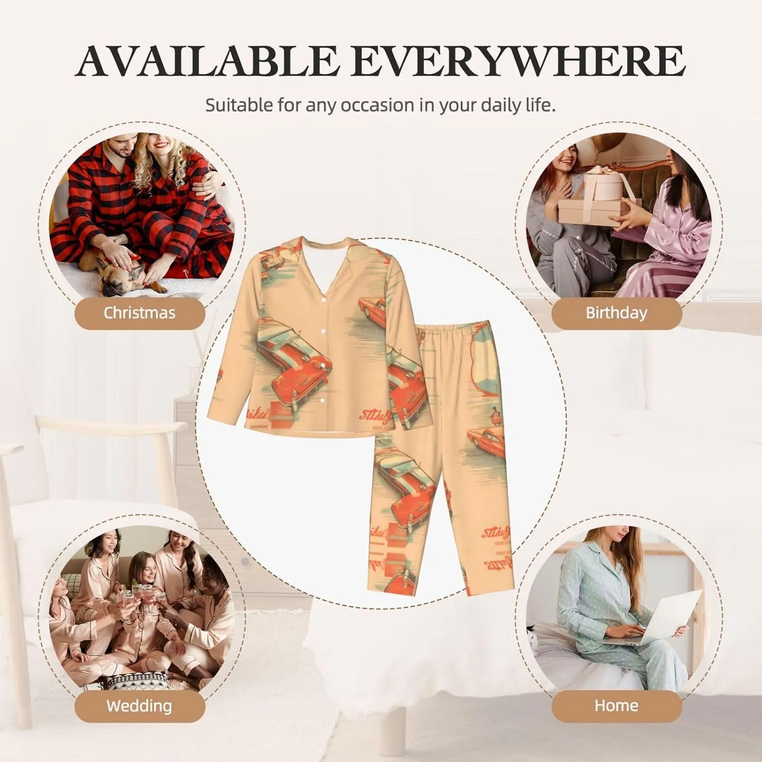 Soft Women's Pajama Set Long Sleeve - Poster car Print Cozy Sleepwear Loungewear Pjs, for Relaxing at Home