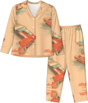 Soft Women's Pajama Set Long Sleeve - Poster car Print Cozy Sleepwear Loungewear Pjs, for Relaxing at Home