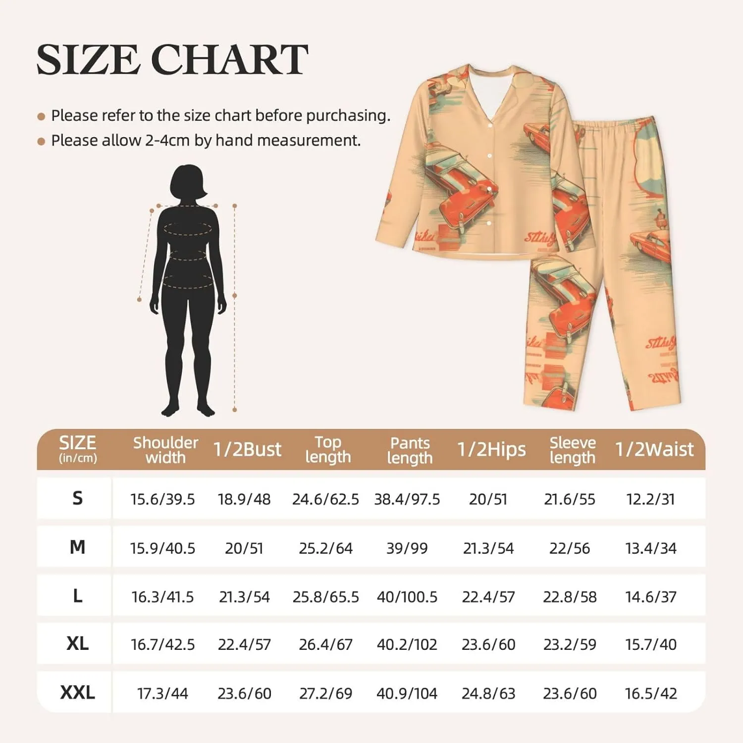 Soft Women's Pajama Set Long Sleeve - Poster car Print Cozy Sleepwear Loungewear Pjs, for Relaxing at Home