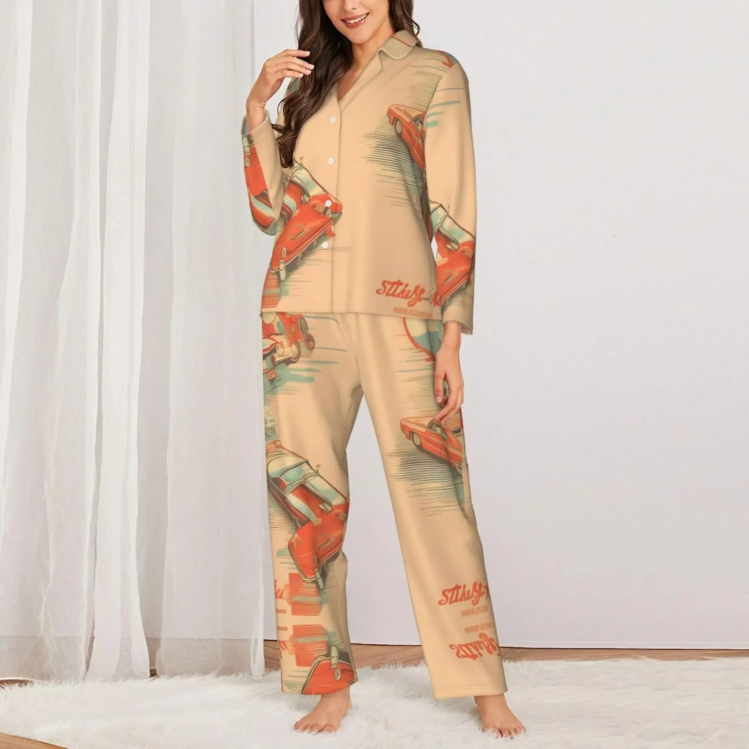 Soft Women's Pajama Set Long Sleeve - Poster car Print Cozy Sleepwear Loungewear Pjs, for Relaxing at Home