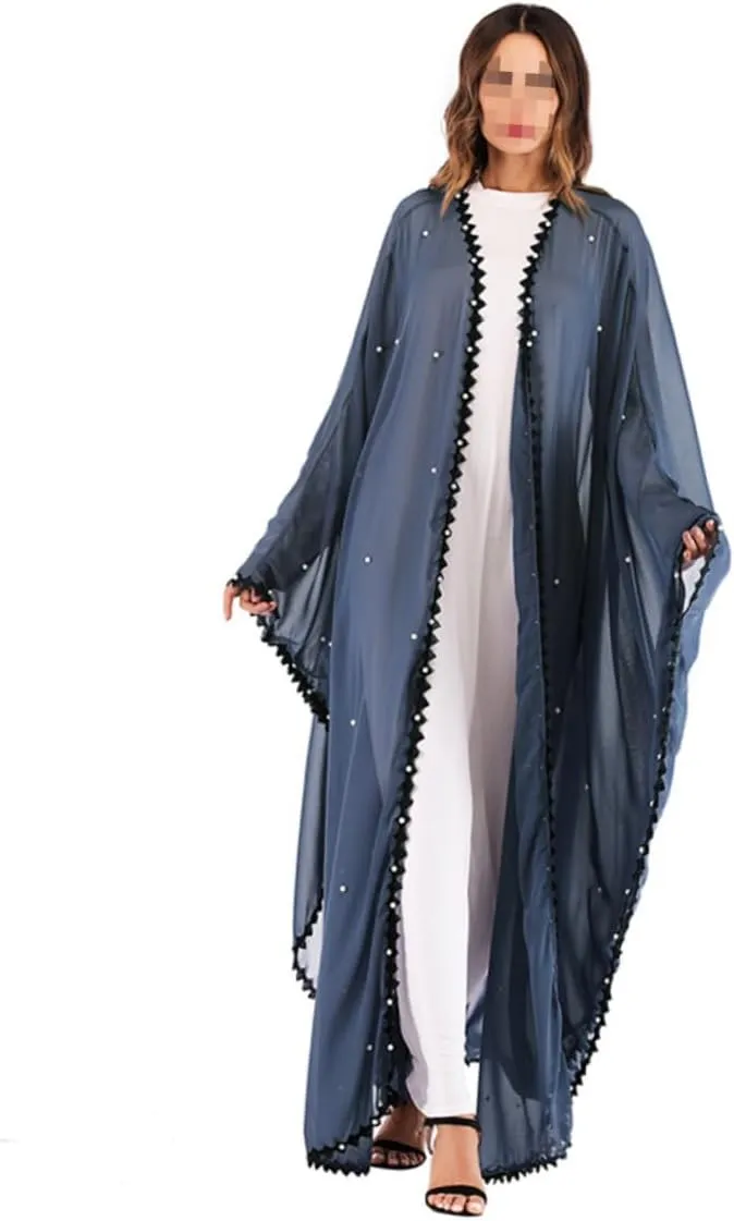 SOIMISS Lace-up Loose Abaya Coat for Women Lightweight Breathable Cardigan with Pearl Embellishments Fashionable Long Sleeve Maxi Gown