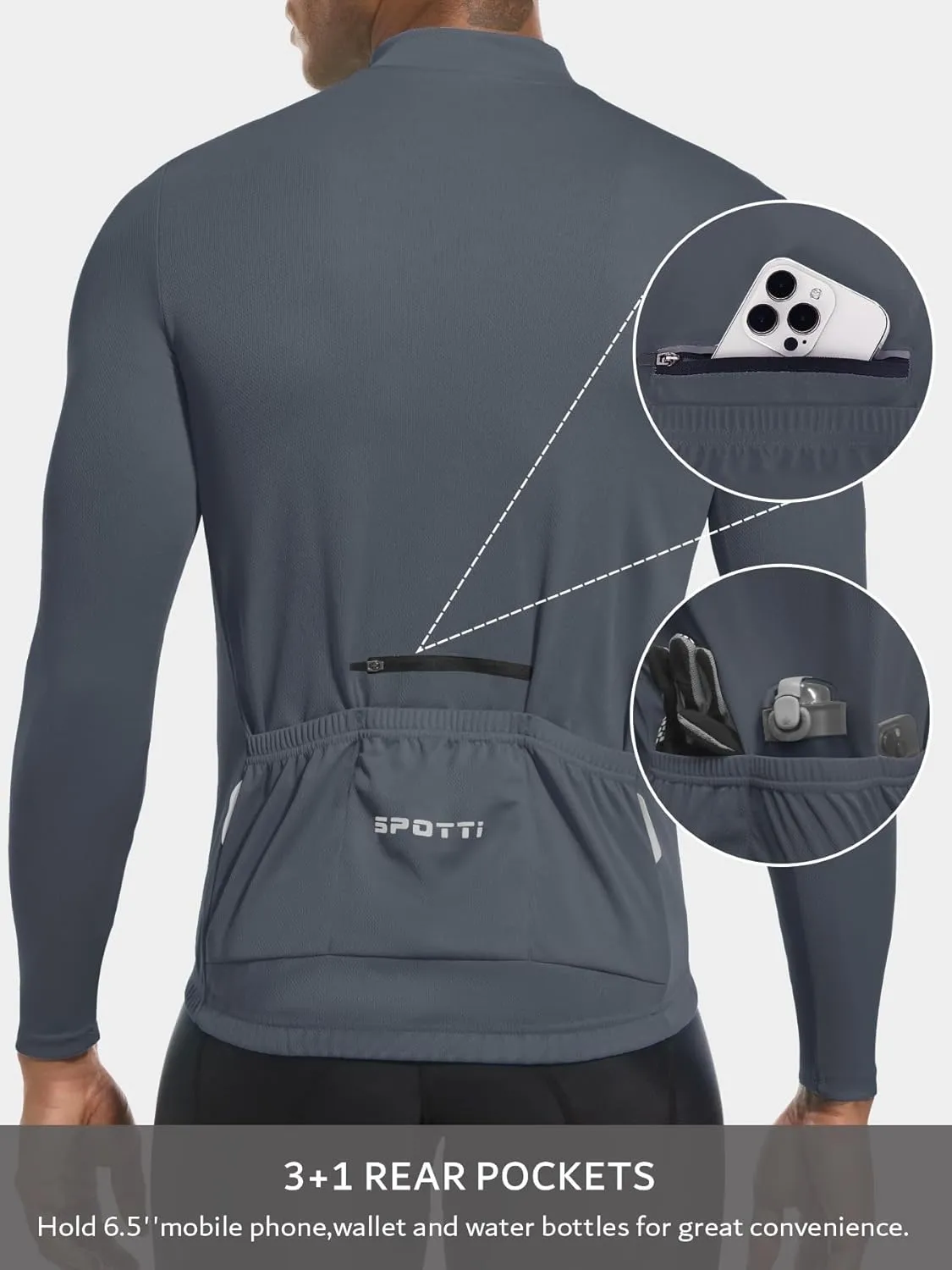 Spotti Men's Cycling Bike Jersey Long Sleeve with 3 Rear Pockets - Moisture Wicking, Breathable, Quick Dry Biking Shirt