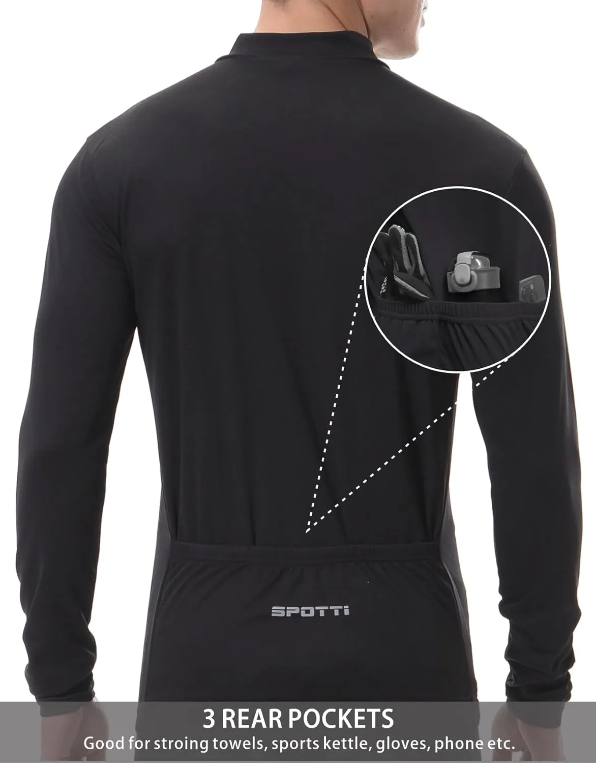 Spotti Men's Cycling Bike Jersey Long Sleeve with 3 Rear Pockets - Moisture Wicking, Breathable, Quick Dry Biking Shirt