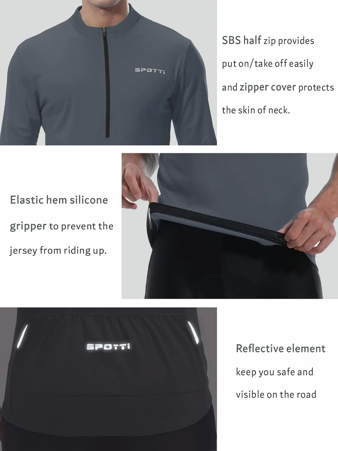 Spotti Men's Cycling Bike Jersey Long Sleeve with 3 Rear Pockets - Moisture Wicking, Breathable, Quick Dry Biking Shirt