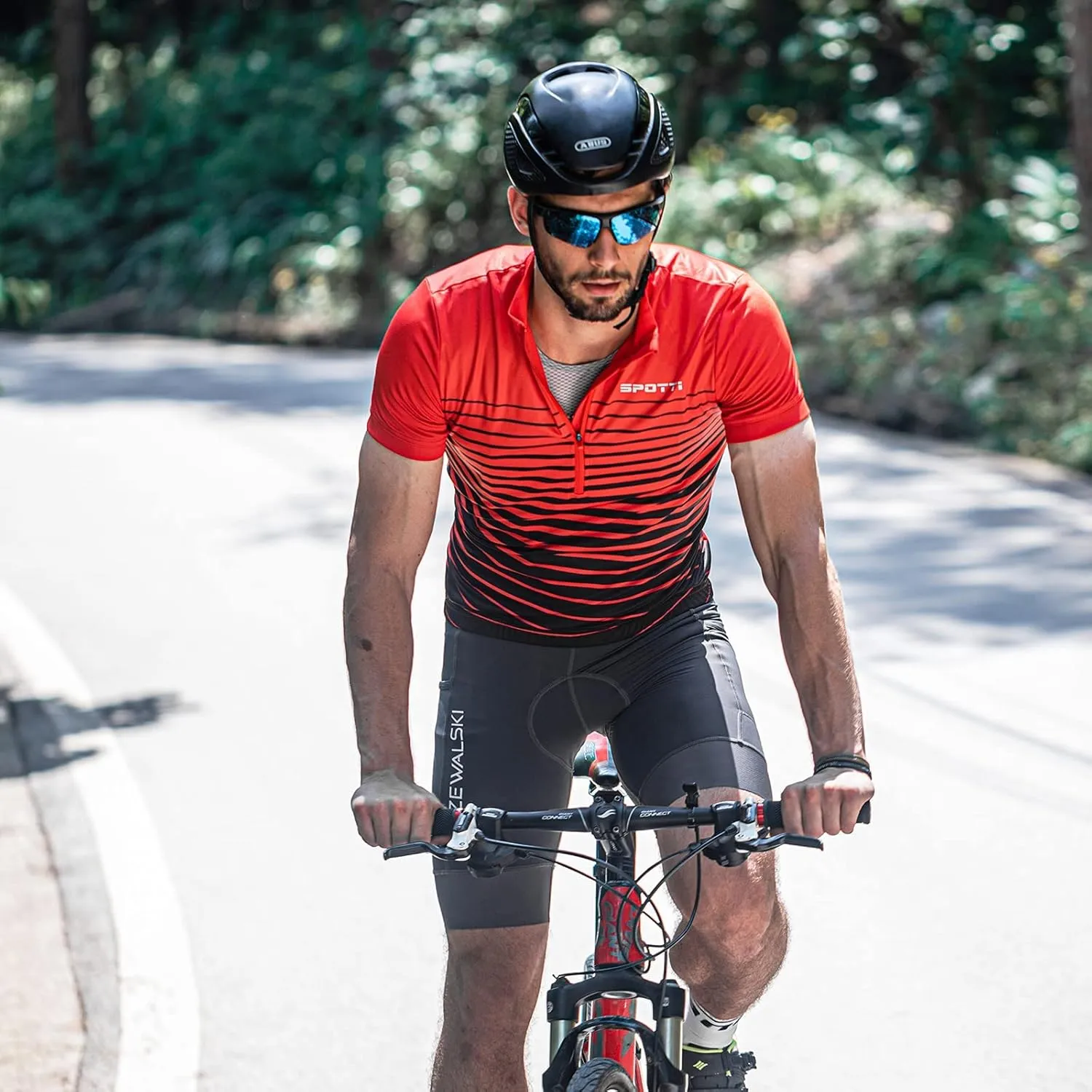 Spotti Men's Cycling Bike Jersey Short Sleeve with 3 Rear Pockets- Moisture Wicking, Breathable, Quick Dry Biking Shirt