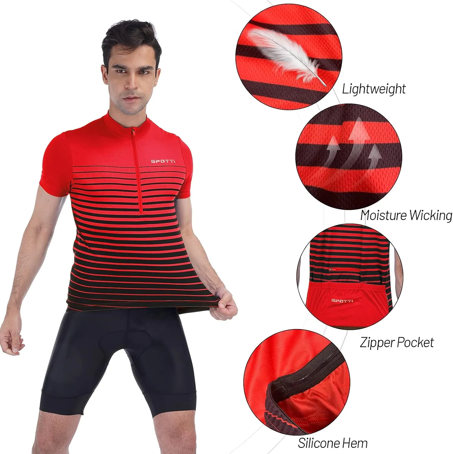 Spotti Men's Cycling Bike Jersey Short Sleeve with 3 Rear Pockets- Moisture Wicking, Breathable, Quick Dry Biking Shirt