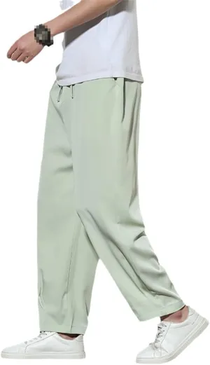 Spring Summer Men Thin Ice Silk Pants Casual Solid Color Breathable Trousers Elastic Waist Harem Pants