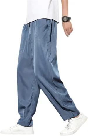 Spring Summer Men Thin Ice Silk Pants Casual Solid Color Breathable Trousers Elastic Waist Harem Pants