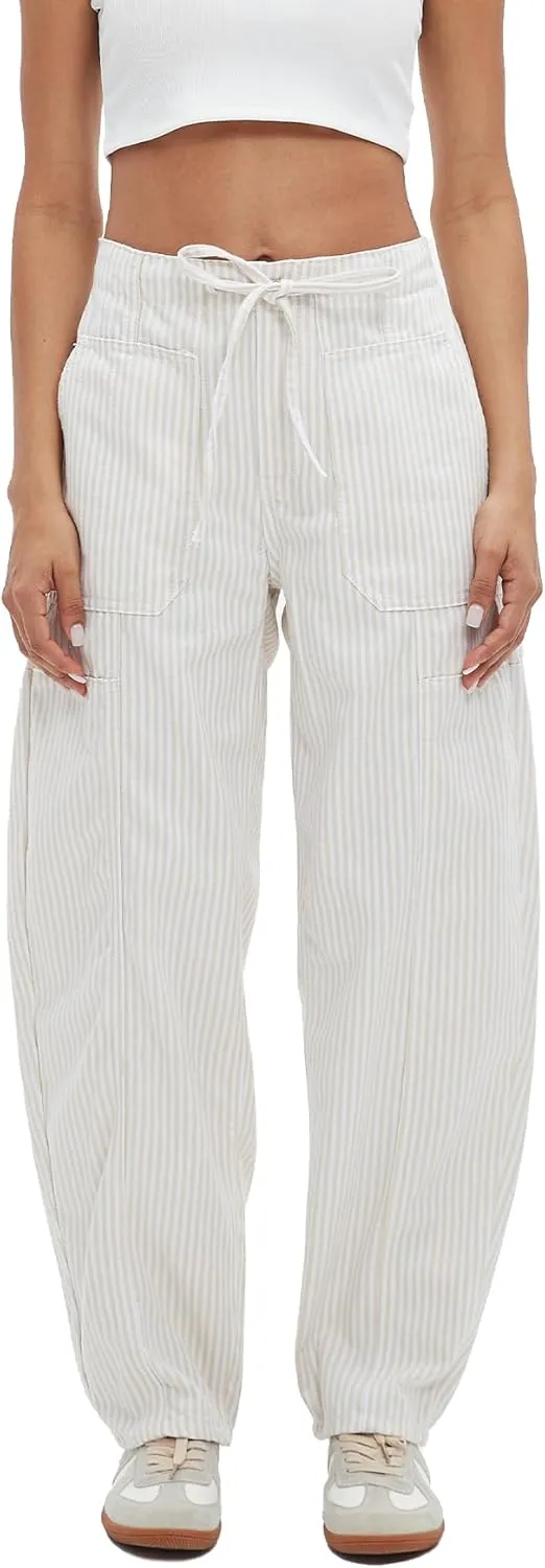 Striped Pants Women Loose Mid Rise Stripe Barrel Jeans Casual Wide Leg Denim Trouser with Drawstring