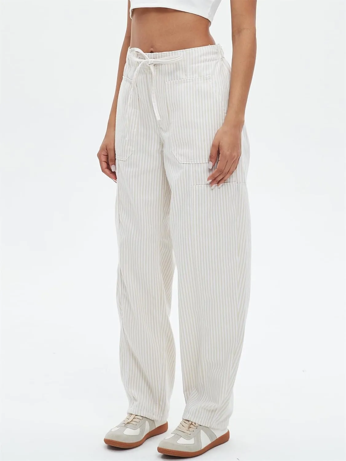 Striped Pants Women Loose Mid Rise Stripe Barrel Jeans Casual Wide Leg Denim Trouser with Drawstring