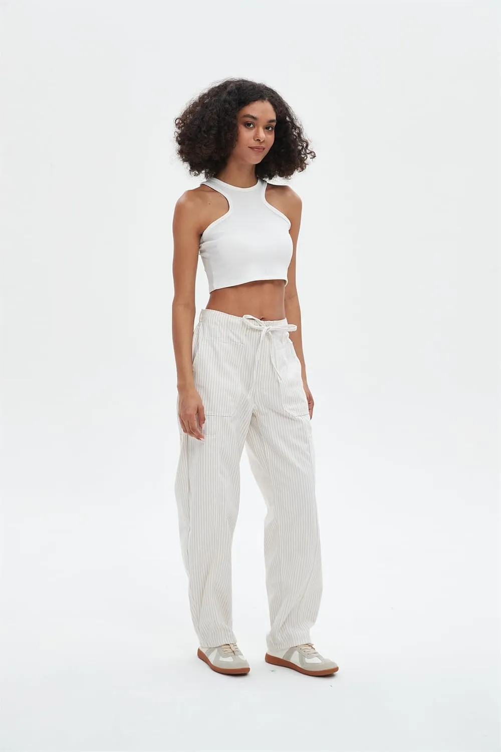 Striped Pants Women Loose Mid Rise Stripe Barrel Jeans Casual Wide Leg Denim Trouser with Drawstring