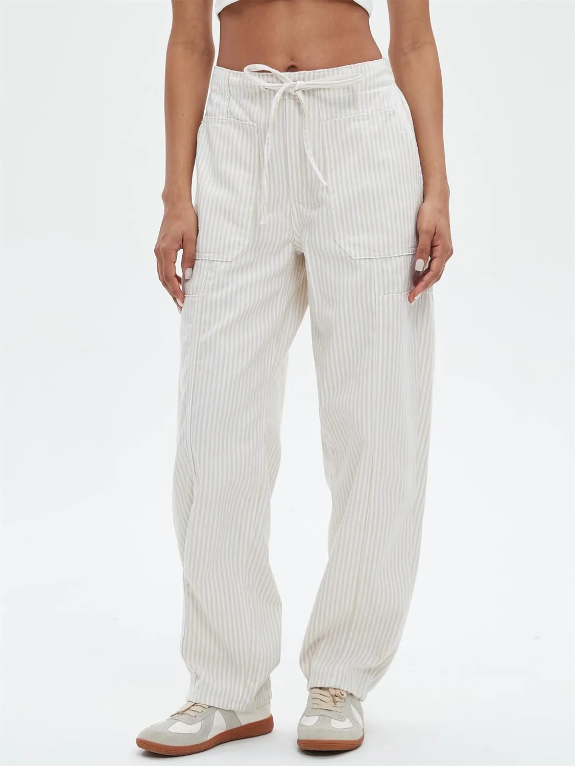 Striped Pants Women Loose Mid Rise Stripe Barrel Jeans Casual Wide Leg Denim Trouser with Drawstring