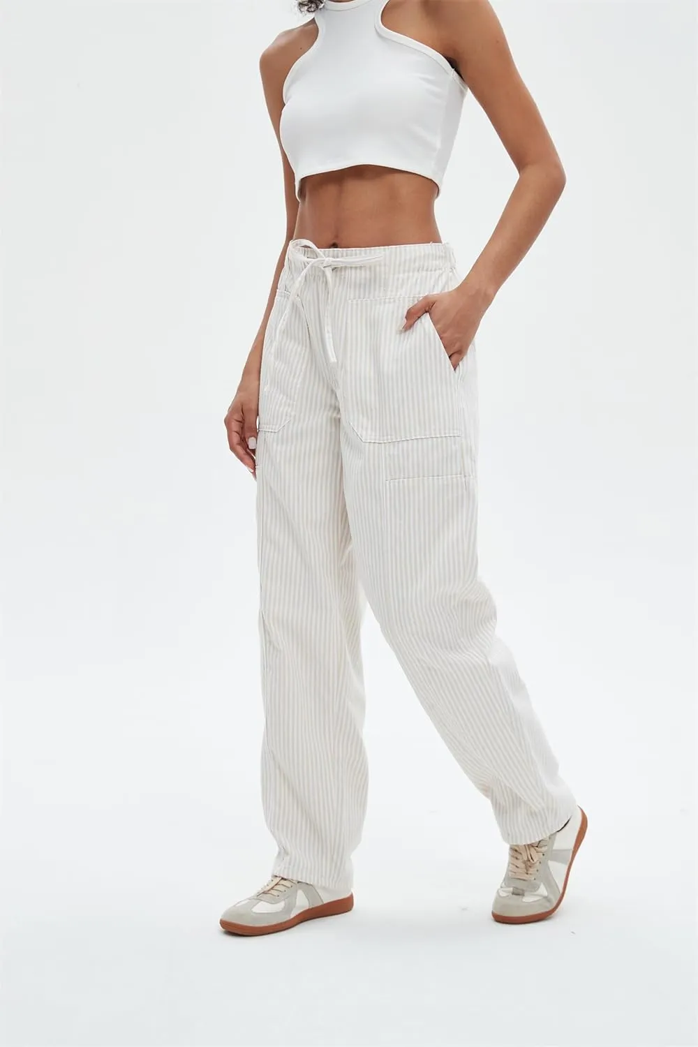 Striped Pants Women Loose Mid Rise Stripe Barrel Jeans Casual Wide Leg Denim Trouser with Drawstring