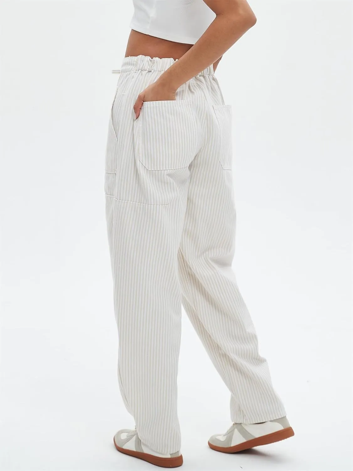 Striped Pants Women Loose Mid Rise Stripe Barrel Jeans Casual Wide Leg Denim Trouser with Drawstring