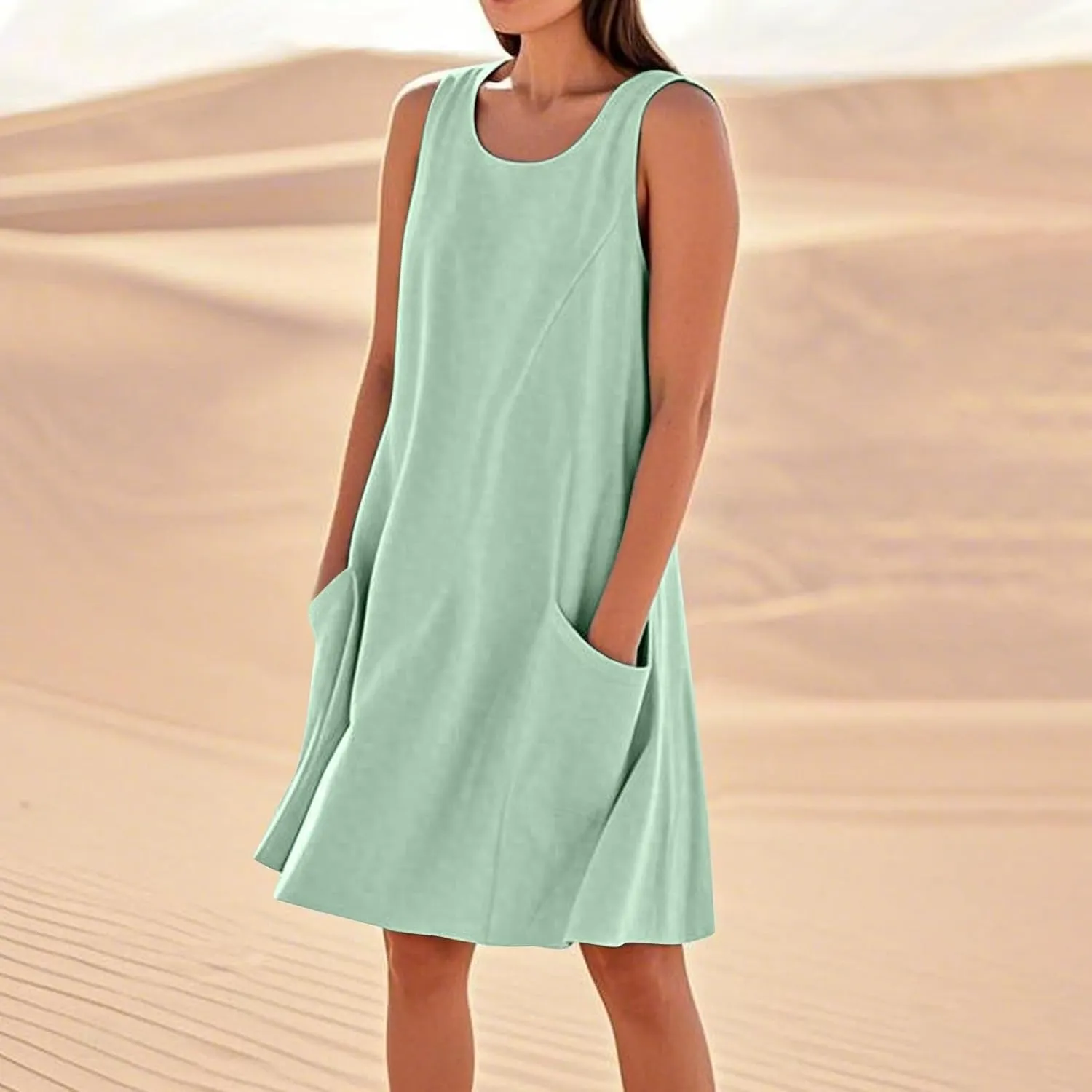 Summer Crinkle Linen Sundress for Women Sleeveless Tank Dress Breathable Beach Wedding Guest & Vacation Dress