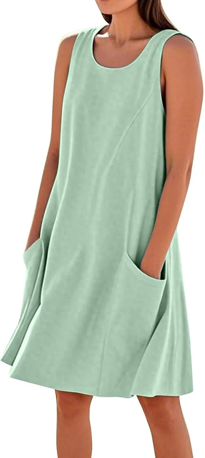 Summer Crinkle Linen Sundress for Women Sleeveless Tank Dress Breathable Beach Wedding Guest & Vacation Dress
