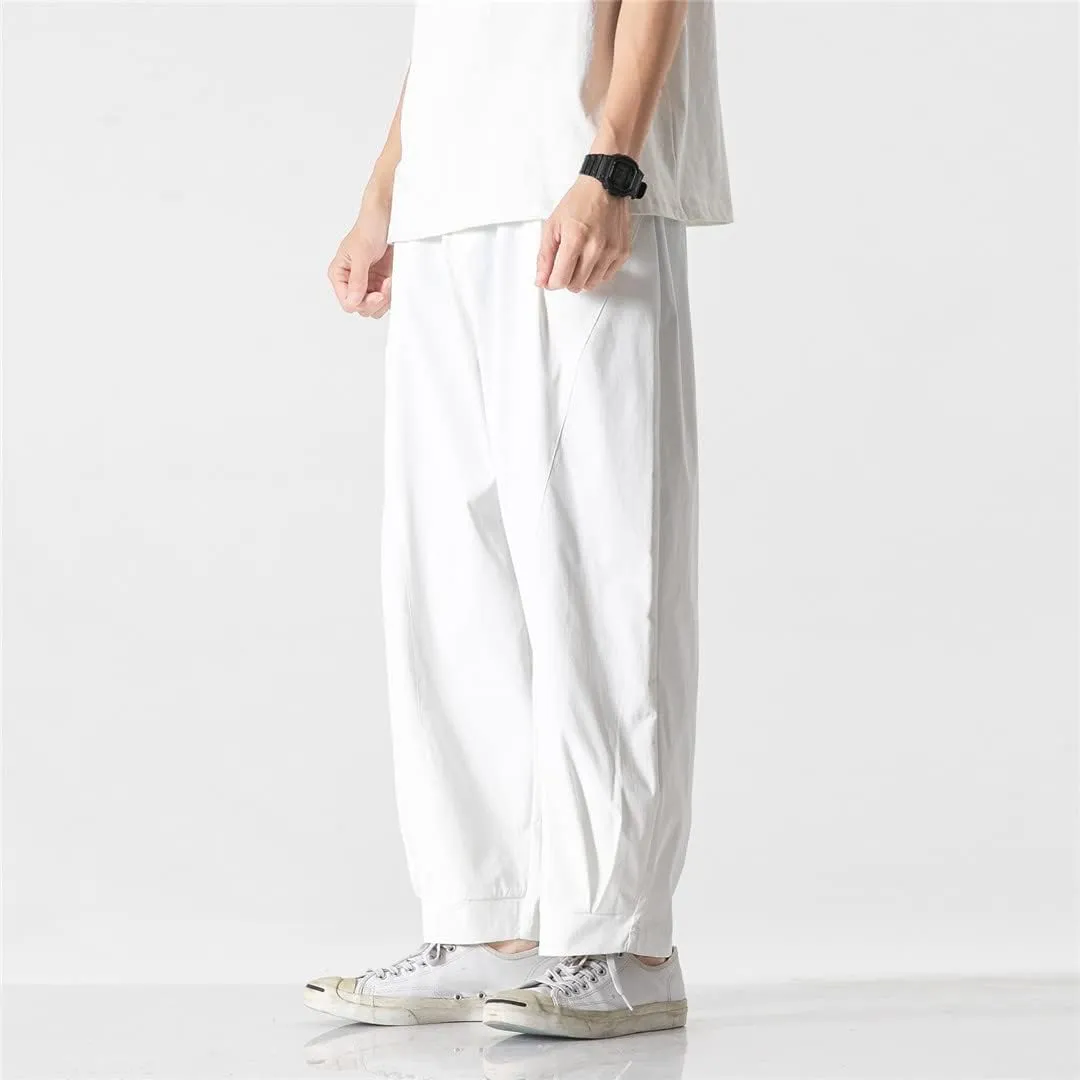 Summer Men Solid Color Cotton Casual Pants Breathable Trousers Chinese Style Harem Pants