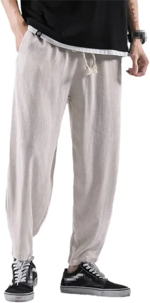 Summer Mens Breathable Linen Pants Elastic Waist Chinese Style Cotton Trousers Hip Hop Casual Harem Pants