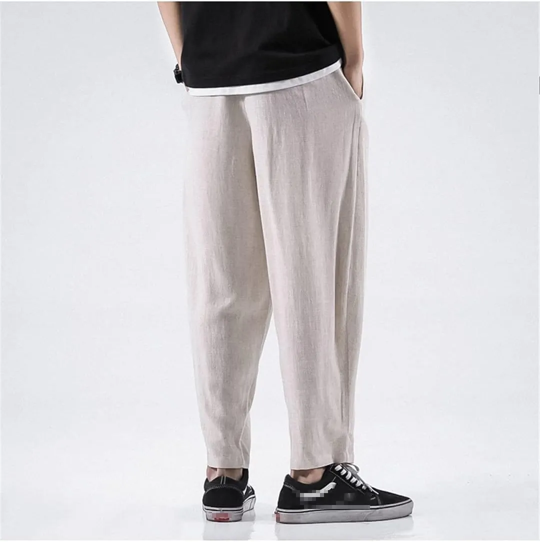 Summer Mens Breathable Linen Pants Elastic Waist Chinese Style Cotton Trousers Hip Hop Casual Harem Pants