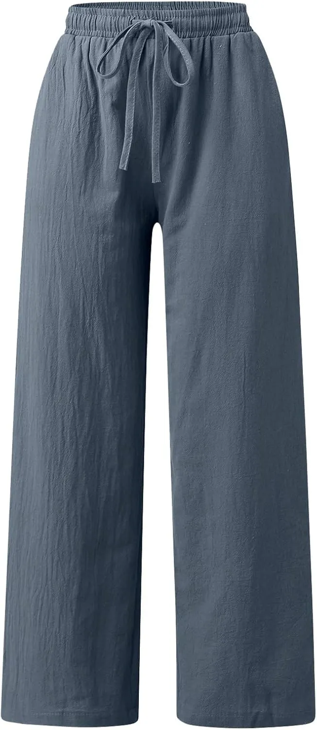 Summer Pants for Women Casual Drawstring Elastic High Waist Linen Pants Straight Wide Leg Cropped Trousers Plus Size