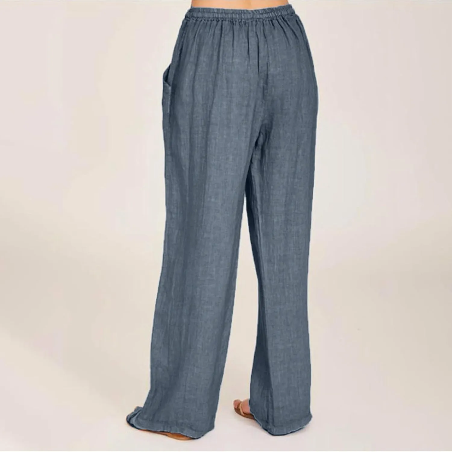 Summer Pants for Women Casual Drawstring Elastic High Waist Linen Pants Straight Wide Leg Cropped Trousers Plus Size