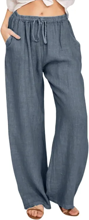 Summer Pants for Women Casual Drawstring Elastic High Waist Linen Pants Straight Wide Leg Cropped Trousers Plus Size