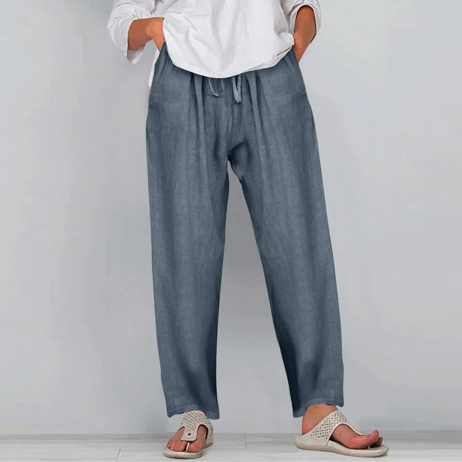 Summer Pants for Women Casual Drawstring Elastic High Waist Linen Pants Straight Wide Leg Cropped Trousers Plus Size