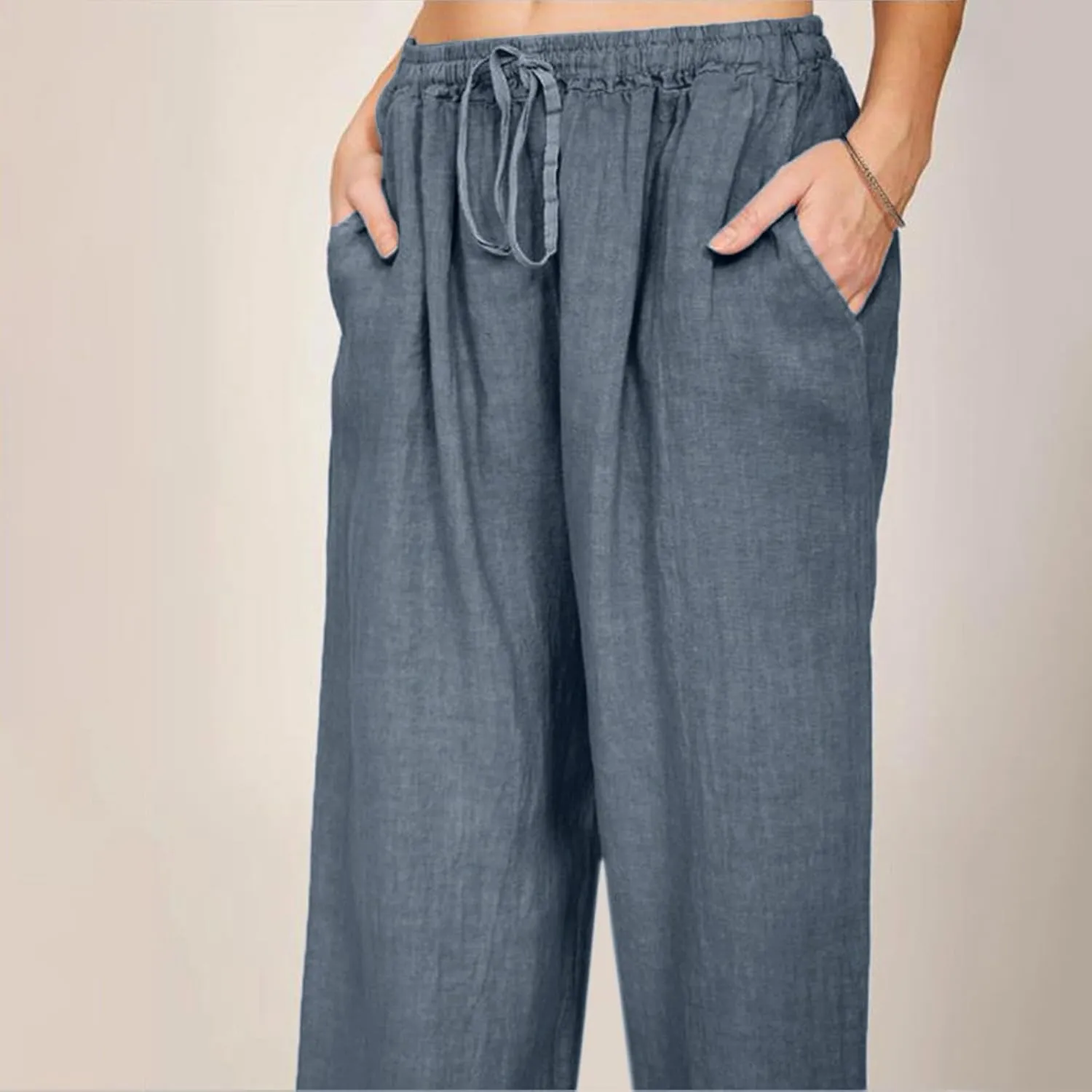 Summer Pants for Women Casual Drawstring Elastic High Waist Linen Pants Straight Wide Leg Cropped Trousers Plus Size