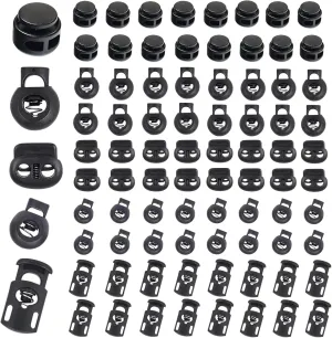 Sunenlyst 150Pcs Cord Locks, Plastic Cord Lock for Drawstrings, Shoelace Locks Spring Toggle Stopper with 5 Sizes, Cord Stops for Drawstring, Paracord, Clothing and Bags (160 Dark Black)