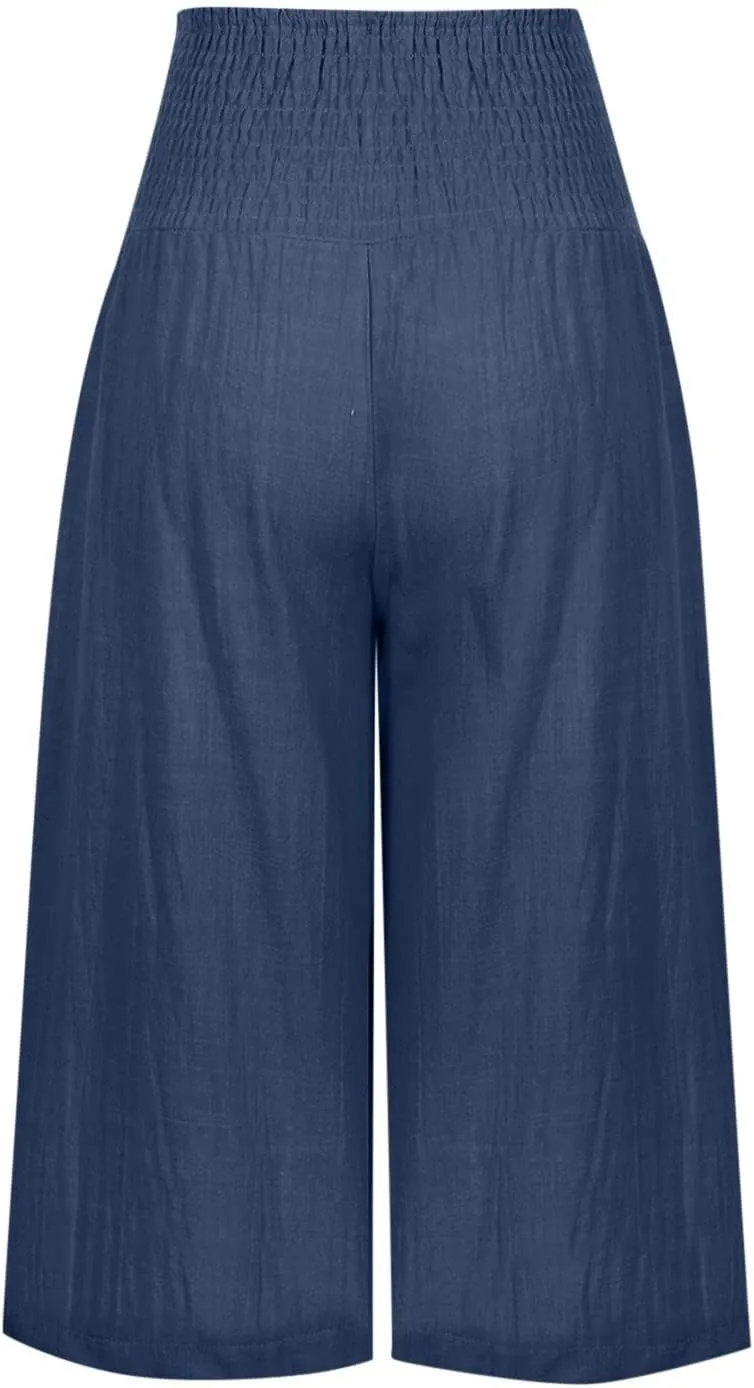 TANGNADE Cotton Linen Pants Women Plus Size Wide Leg Capri 2025 Vacation Summer Capris Lightweight Dressy Outfits