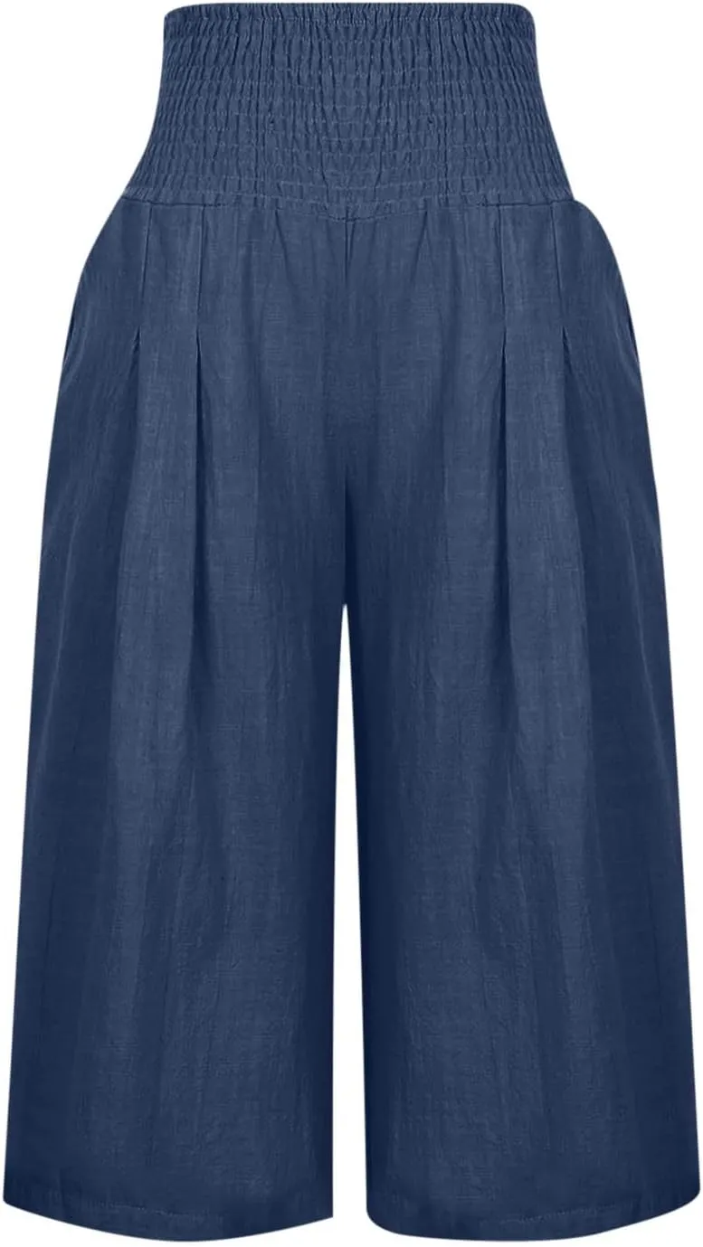 TANGNADE Cotton Linen Pants Women Plus Size Wide Leg Capri 2025 Vacation Summer Capris Lightweight Dressy Outfits