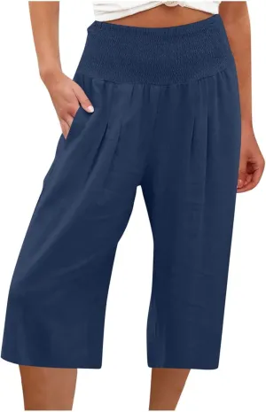TANGNADE Cotton Linen Pants Women Plus Size Wide Leg Capri 2025 Vacation Summer Capris Lightweight Dressy Outfits