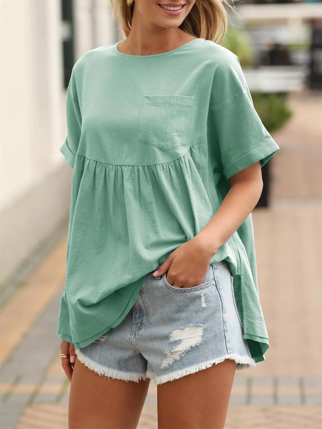 Tankaneo Womens Summer Babydoll Tops Casual Loose Fit Peplum Oversized Tunic Shirts