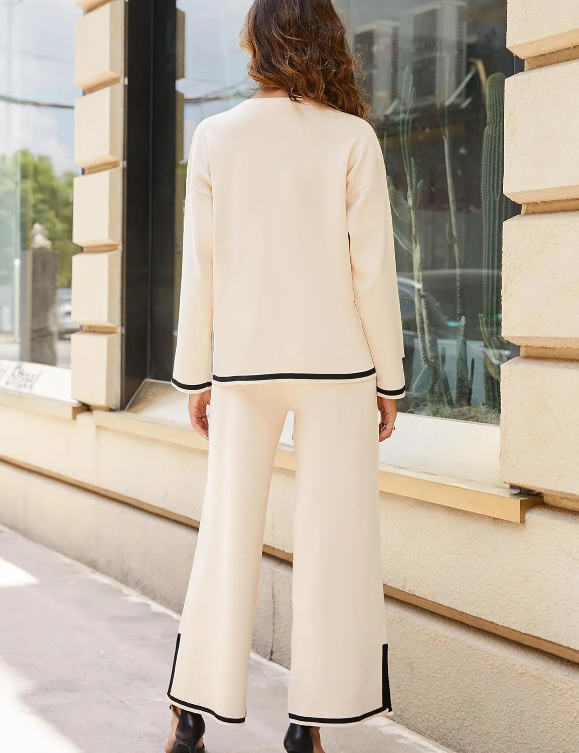 Tanming Women's 2 Piece Outfits Long Sleeve Knit Sweater Top Wide Leg Pants Lounge Sets Tracksuits