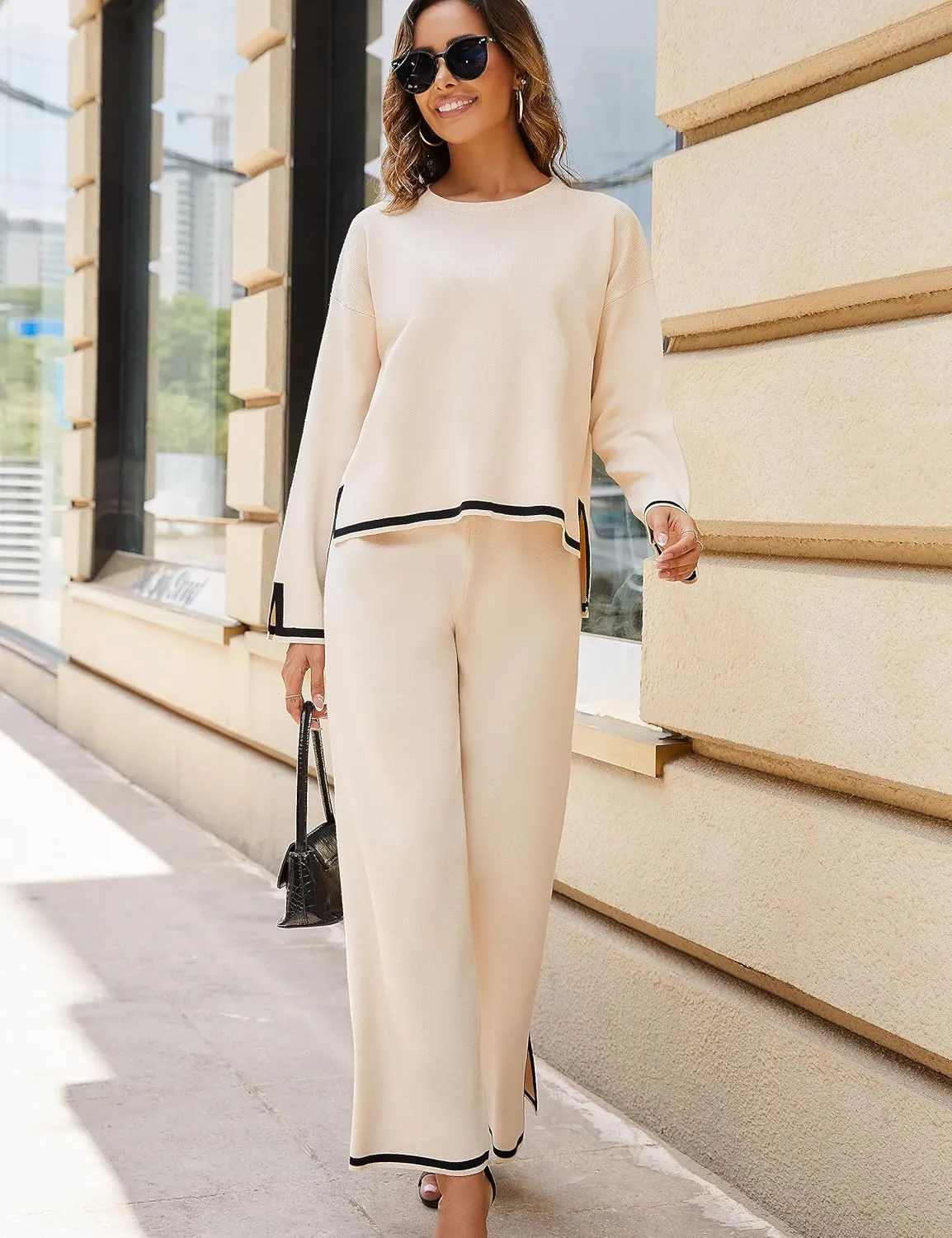 Tanming Women's 2 Piece Outfits Long Sleeve Knit Sweater Top Wide Leg Pants Lounge Sets Tracksuits