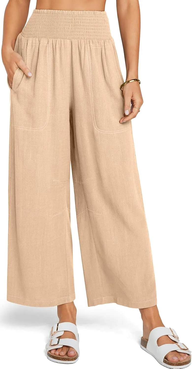 TARSE Women Linen Pants Wide Leg Elastic High Waisted Palazzo Trousers Casual Loose Beach Vacation Clothes with Pockets