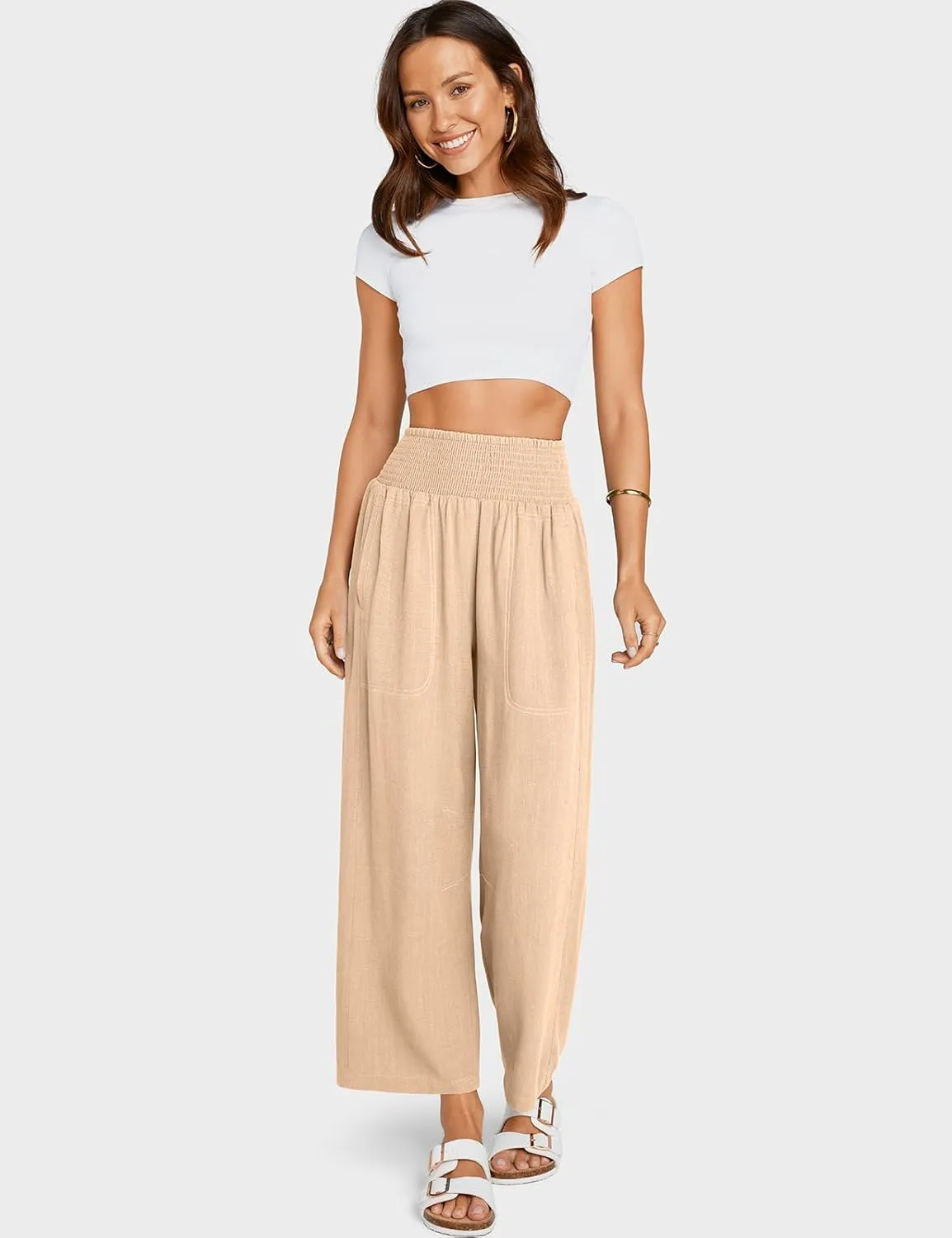 TARSE Women Linen Pants Wide Leg Elastic High Waisted Palazzo Trousers Casual Loose Beach Vacation Clothes with Pockets