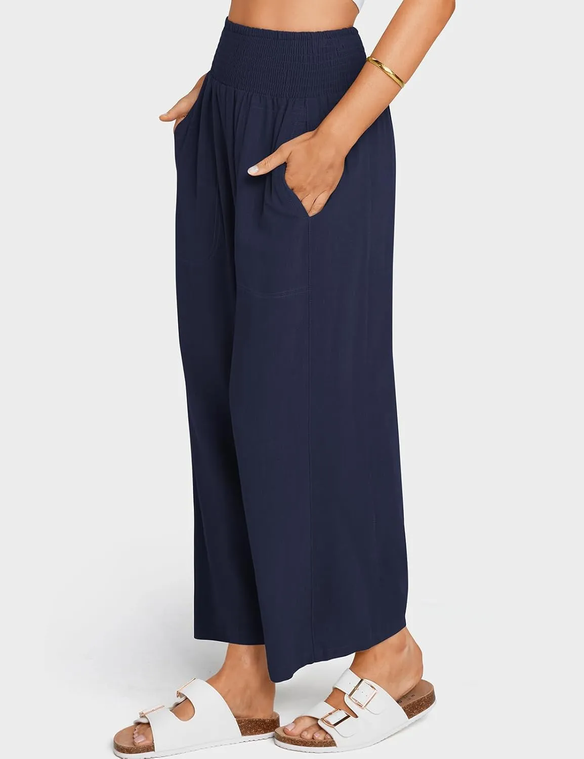 TARSE Women Linen Pants Wide Leg Elastic High Waisted Palazzo Trousers Casual Loose Beach Vacation Clothes with Pockets