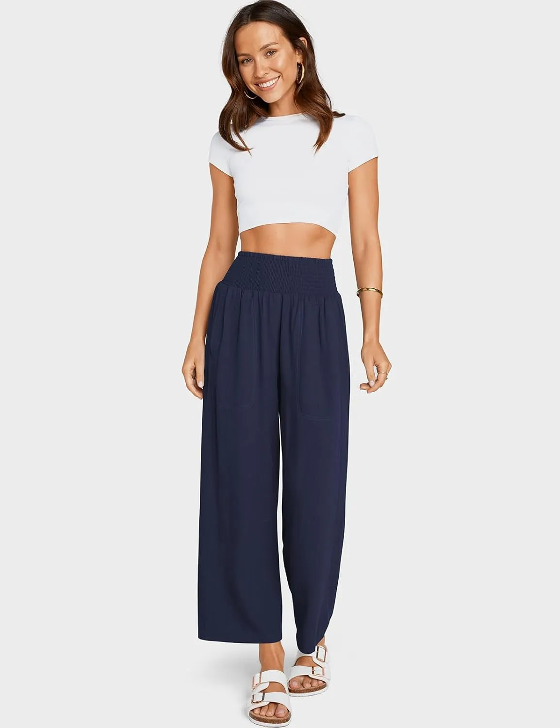 TARSE Women Linen Pants Wide Leg Elastic High Waisted Palazzo Trousers Casual Loose Beach Vacation Clothes with Pockets