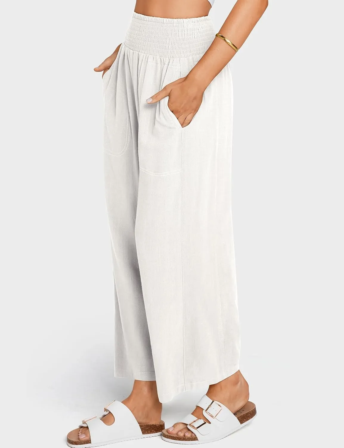 TARSE Women Linen Pants Wide Leg Elastic High Waisted Palazzo Trousers Casual Loose Beach Vacation Clothes with Pockets