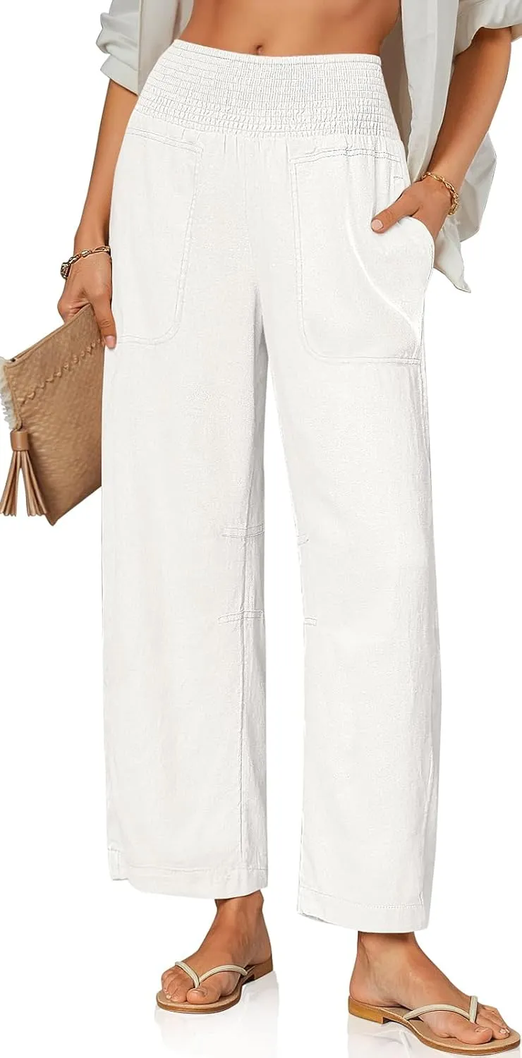TARSE Women Linen Pants Wide Leg Elastic High Waisted Palazzo Trousers Casual Loose Beach Vacation Clothes with Pockets