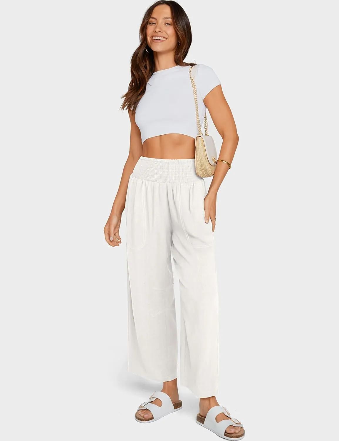TARSE Women Linen Pants Wide Leg Elastic High Waisted Palazzo Trousers Casual Loose Beach Vacation Clothes with Pockets