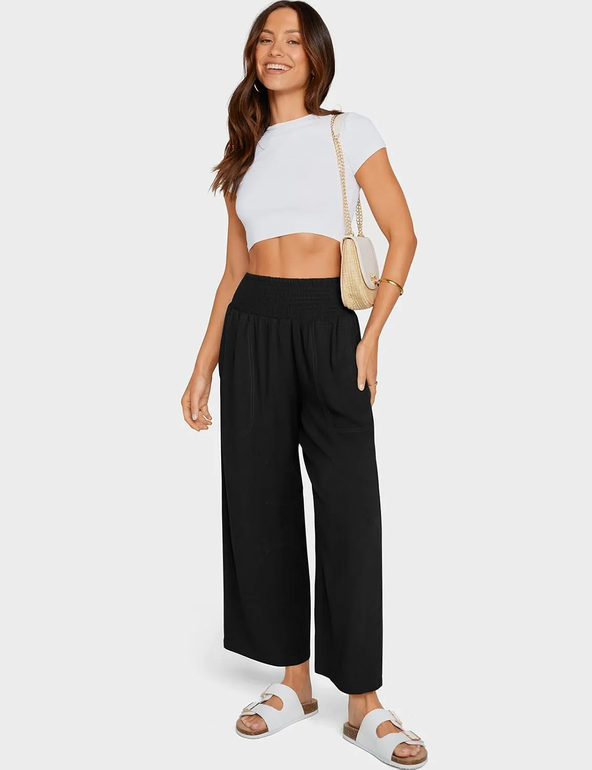 TARSE Women Linen Pants Wide Leg Elastic High Waisted Palazzo Trousers Casual Loose Beach Vacation Clothes with Pockets