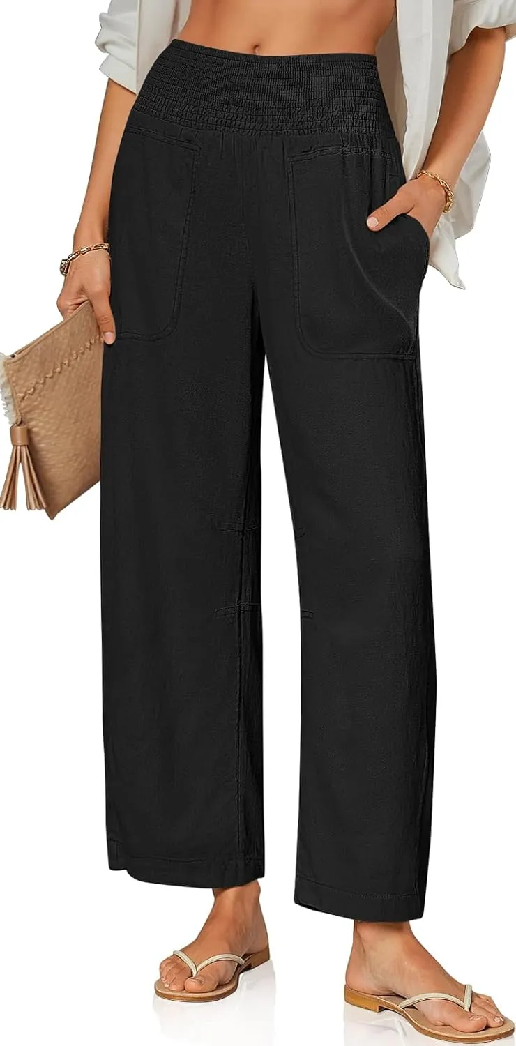 TARSE Women Linen Pants Wide Leg Elastic High Waisted Palazzo Trousers Casual Loose Beach Vacation Clothes with Pockets